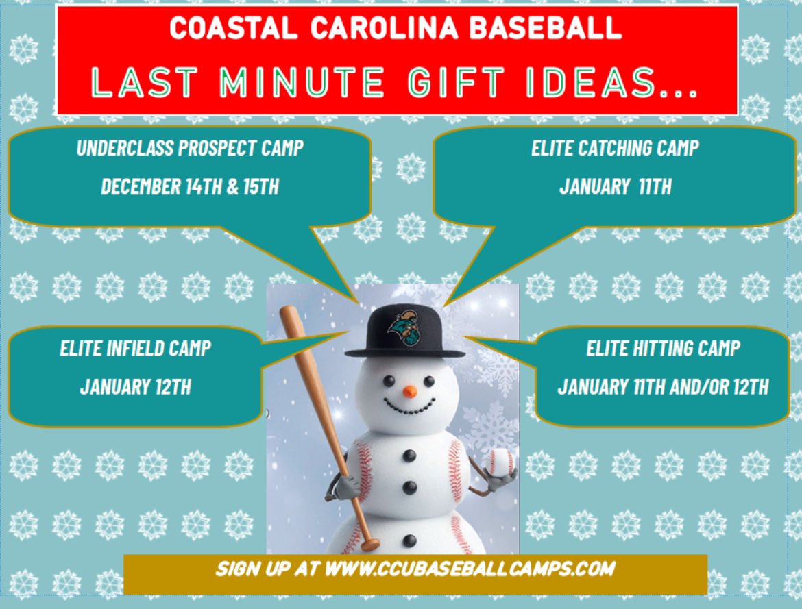 Tyler Shewmaker (@tshewmaker43) on Twitter photo 🎄🎅➡️⚾️🏝️
<a href="/CoastalBaseball/">Coastal Carolina Baseball</a> Camps are live with January Dates and one more weekend in December filling up quickly!
These make for great gifts and stocking stuffers this time of the year.
ccubaseballcamps.com 🎄🎅➡️⚾️🏝️
<a href="/CoastalBaseball/">Coastal Carolina Baseball</a> Camps are live with January Dates and one more weekend in December filling up quickly!
These make for great gifts and stocking stuffers this time of the year.
ccubaseballcamps.com