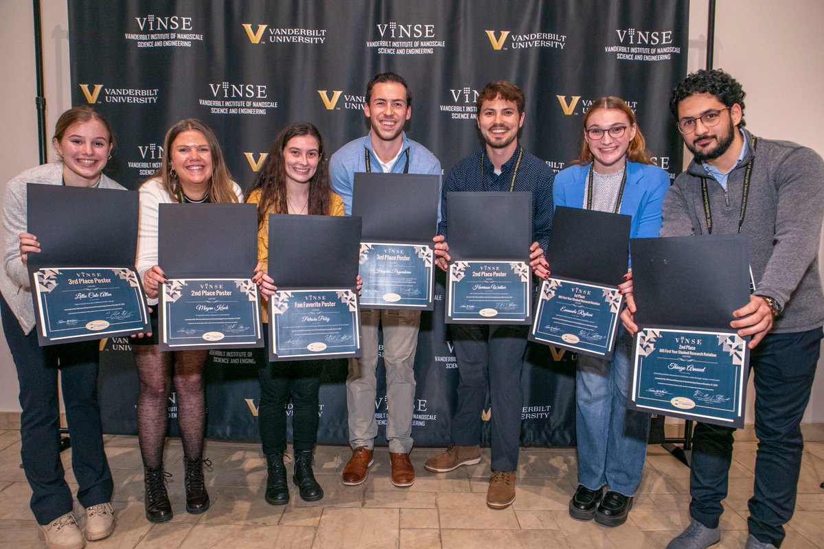 Congratulations to the winners of the 2024 VINSE NanoDay! Poster Competition: Lillie Cate Allen, Megan Keech, Patricia Poley, Hayden Pagendarm, Harrison Walker, Emanuela Riglioni, Arnaud, Shannon Martello, and Daniel Woods. See their posters here: bit.ly/49oTqve