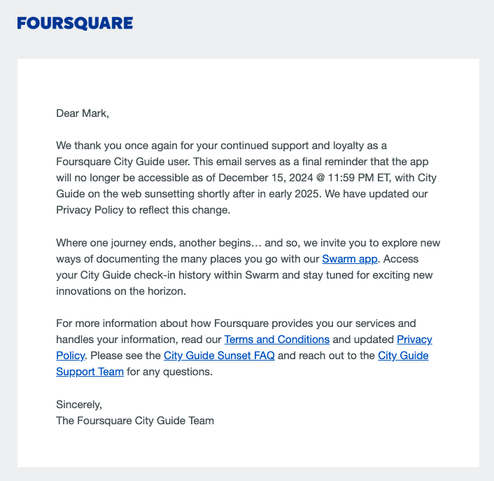 End of an era 💔@foursquare <a href="/dens/">Dennis Crowley 🇺🇸 (also on Threads, @dens)</a>