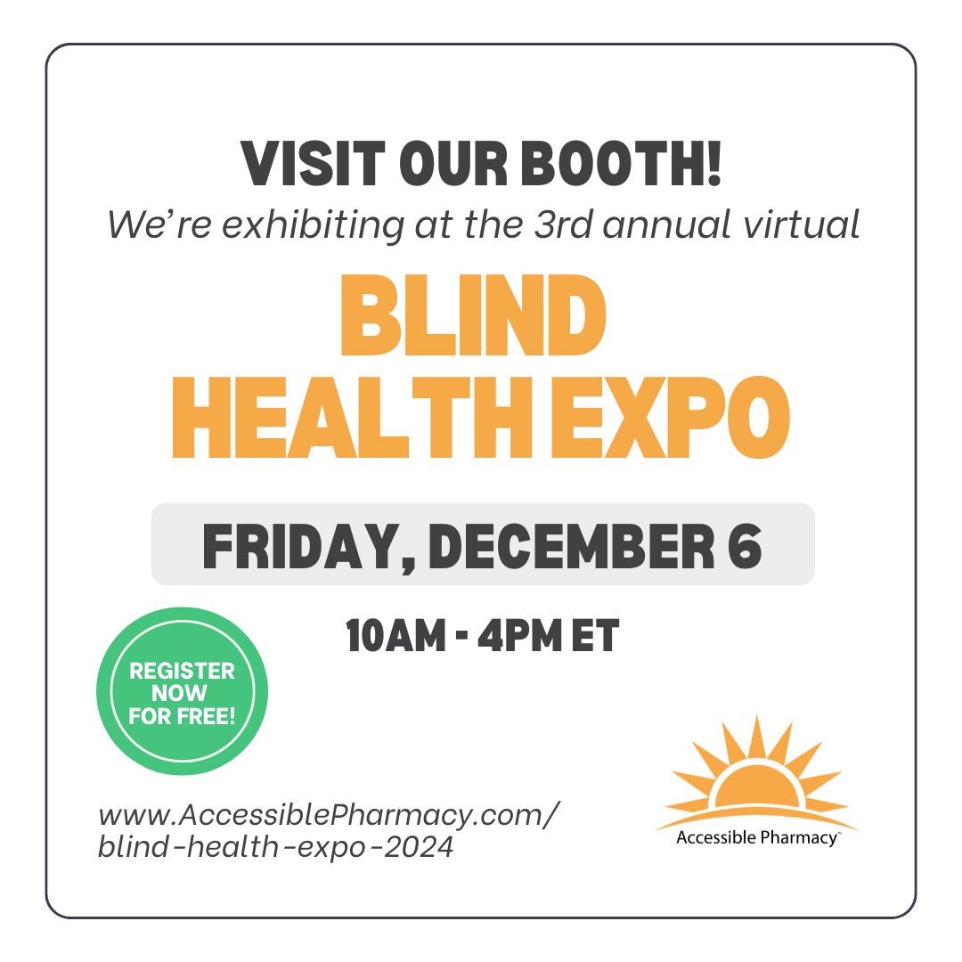 MABVI (@themabvi) on Twitter photo MABVI and our United in Stride program will be hosting virtual booths this Friday from 10am - 4pm at the Blind Health Expo hosted by <a href="/AccessiblePharm/">Accessible Pharmacy Services</a>. This virtual event is free for all attendees!
Register here: accessiblepharmacy.com/blind-health-e… MABVI and our United in Stride program will be hosting virtual booths this Friday from 10am - 4pm at the Blind Health Expo hosted by <a href="/AccessiblePharm/">Accessible Pharmacy Services</a>. This virtual event is free for all attendees!
Register here: accessiblepharmacy.com/blind-health-e…