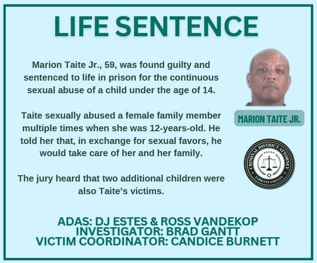 Thanks to the Fort Worth Police Department for their work on this case and for their commitment to keeping our community safe.