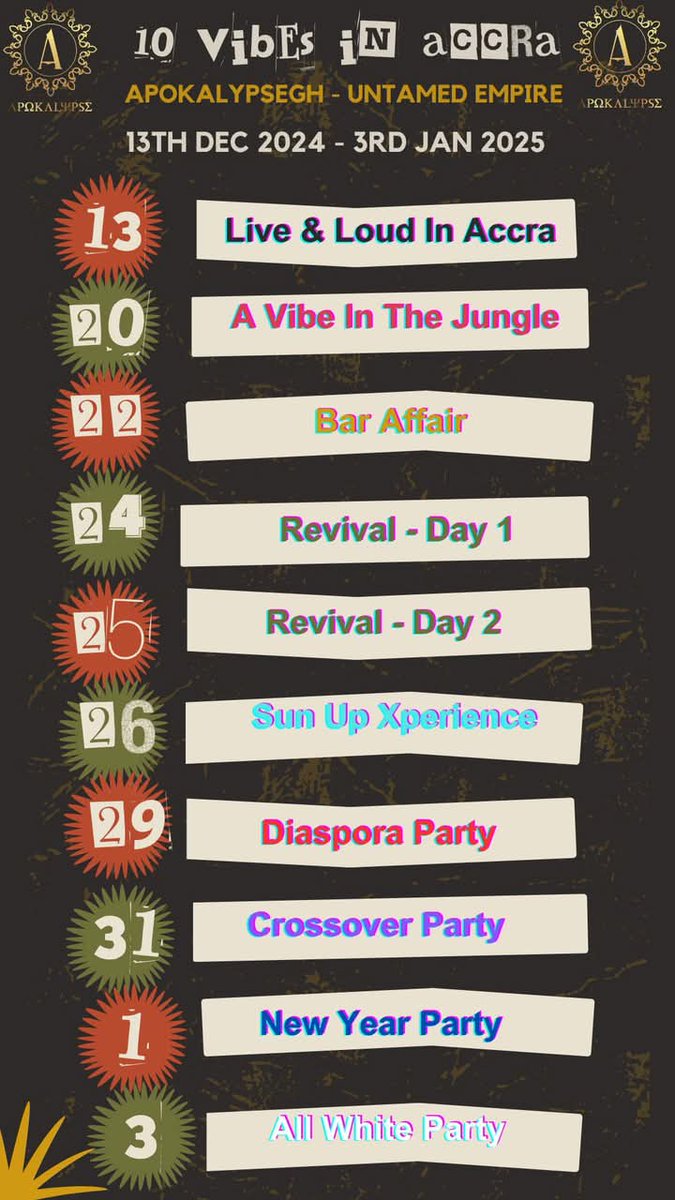 ea_sowah's tweet photo. Detty December Fully Activated In Accra - Ghana

This Festive Season, @Apokalypsegh Brings You 10 Vibes In Accra. 🎤🎛️🔥

13th December 2024 - 3rd January 2025

Welcome To Accra - Ghana🇬🇭🇬🇭 

#Apokalypse 
#TheVibesNeverDies 
#TruthMediaGh https://t.co/ygSGKU8kuT