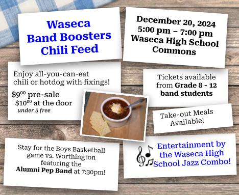 WasecaBands's tweet photo. Waseca Band Booster Chili Feed - December 20th! 
Come out and support the band students at the Chili Feed on December 20th from 5:00 PM - 7:00 PM at the high school!
Enjoy an all-you-can-eat chili or hotdog with all the fixings for just $9 pre-sale or $10 at the door. https://t.co/7EJXXBckhA