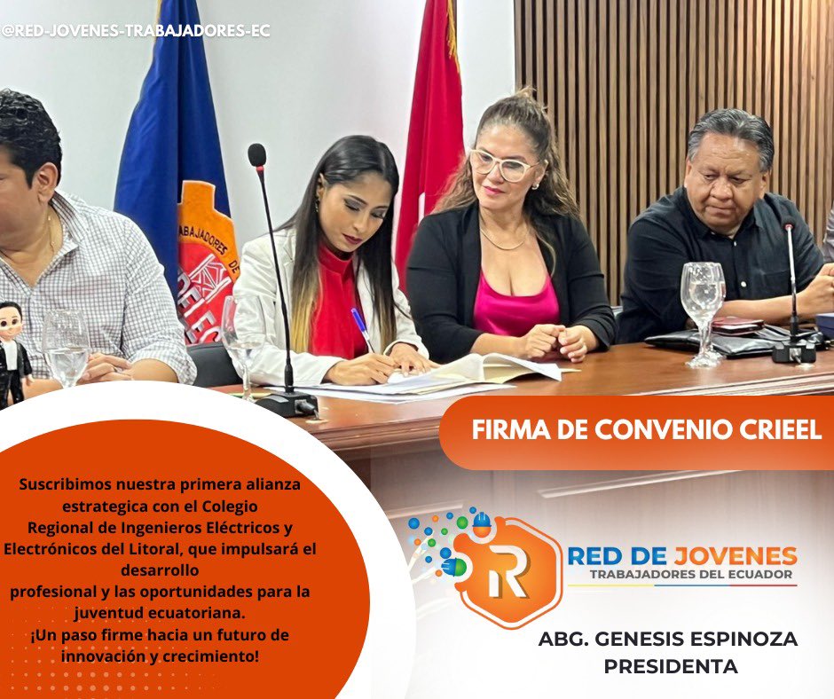 Genesiss_31's tweet photo. 🤝 ¡Haciendo historia con nuestra primera alianza estratégica! ⚡️

Con enorme orgullo anunciamos la firma de nuestro primer convenio de colaboración entre la Red de Jóvenes Trabajadores del Ecuador y el Colegio Regional de Ingenieros Eléctricos y Electrónicos del Litoral. https://t.co/f0QHPohdVe