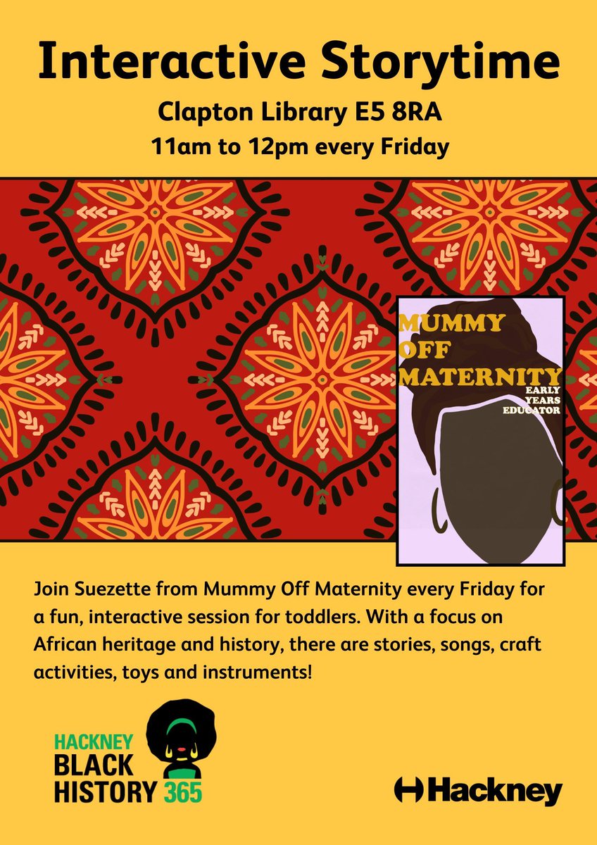 🎉 Every Friday at 11am – Clapton Library! 🎉

Take your toddlers along to Clapton Library for a fun, interactive session with Suezette from Mummy Off Maternity! 🌟
FREE and no need to book! More details here:buff.ly/3D3RlJ4   💫

#ToddlerFun #AfricanHeritage #Storytime