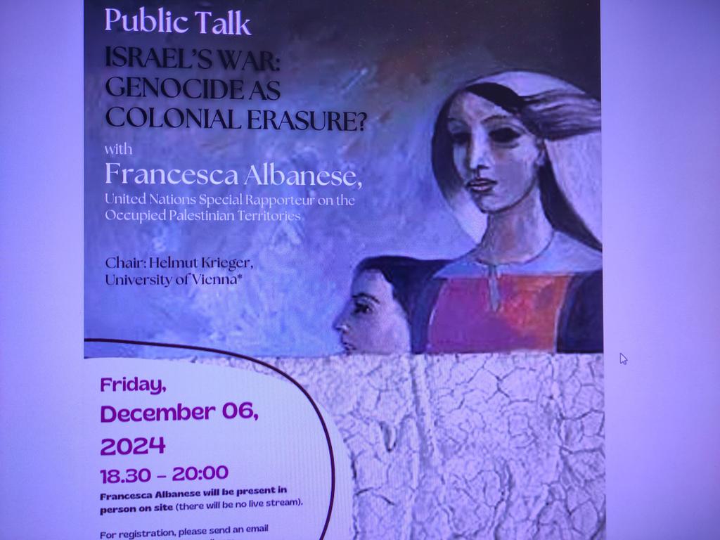 .<a href="/FranceskAlbs/">Francesca Albanese, UN Special Rapporteur oPt</a> <a href="/univienna/">Universität Wien</a> today: We should stop calling it a war as it is clearly not about defeat but to destroy. Humanitarian law has been capsized. #Palestine is a metaphor of a world structure, where a number of today's 'democracies' are built on genocide.