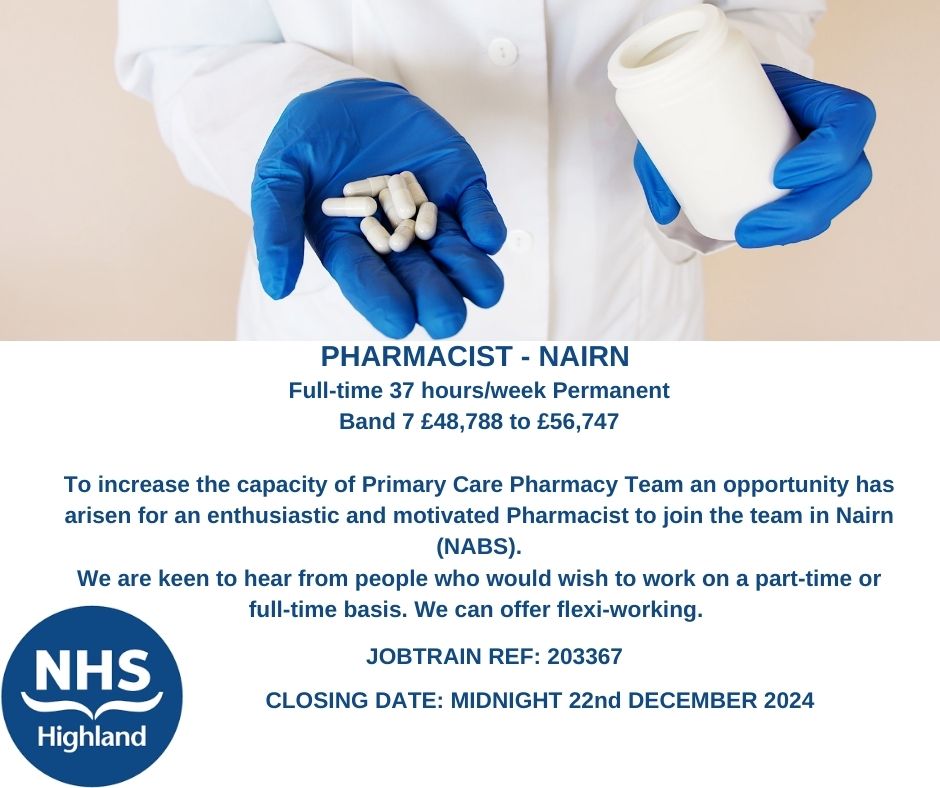 We are recruiting for a Pharmacist based in Nairn.  This post is full time and permanent though part time hours may be considered.

For more information and to apply: apply.jobs.scot.nhs.uk/Job/JobDetail?…