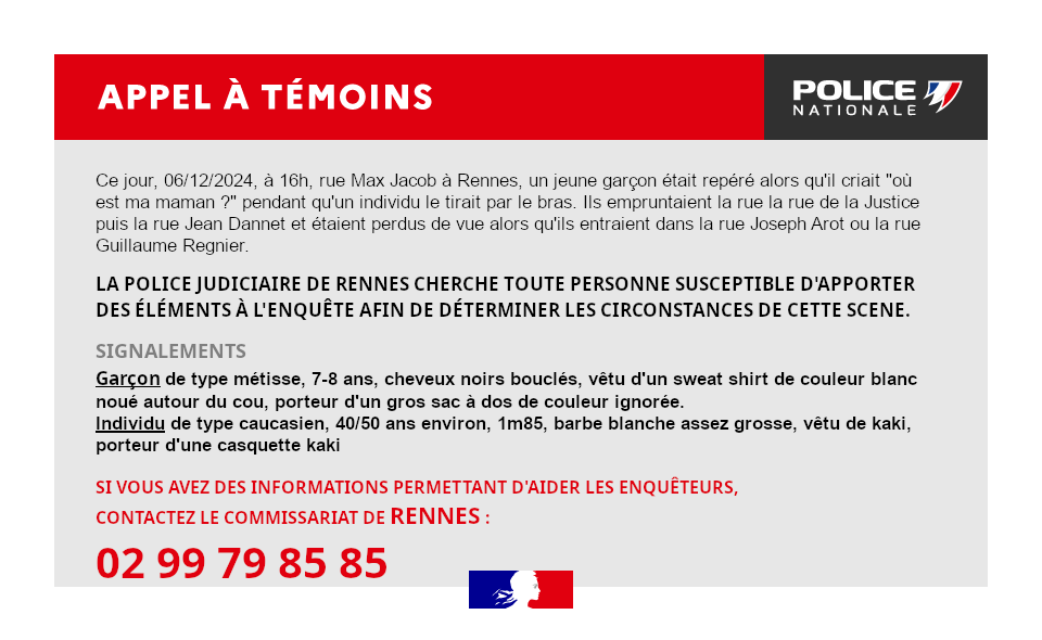 #AppelATémoin | Ce jour à #Rennes, secteur du stade rennais, une scène potentiellement inquiétante a été aperçue par 2 collegiennes.
Toute personne ayant des informations est invitée à prendre contact au numéro indiqué