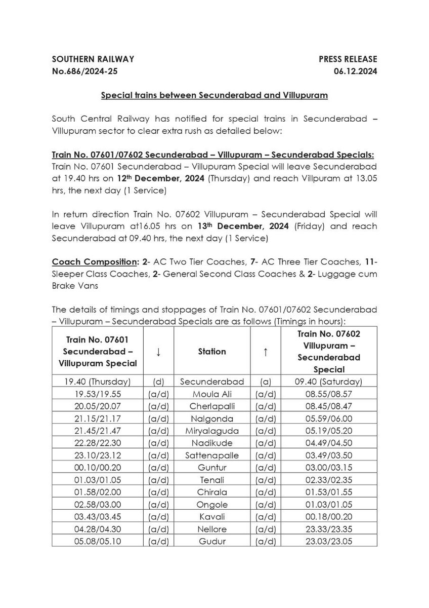 TrainUsers's tweet photo. #TamilNadu #trainusers
வ.எண் 07601/07602 சிறப்பு ரயில் செகந்திராபாத் - விழுப்புரம் - செகந்திராபாத் சிறப்பு ரயில் இயக்கம் https://t.co/6UhR58hslU