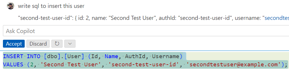 jongallant's tweet image. Just a small example of how GitHub Copilot can speed up dev time.
Open sql file, hit CTRL+I, hit Windows+H, talk into Windows transcription. Hit Enter. Run the SQL statement.