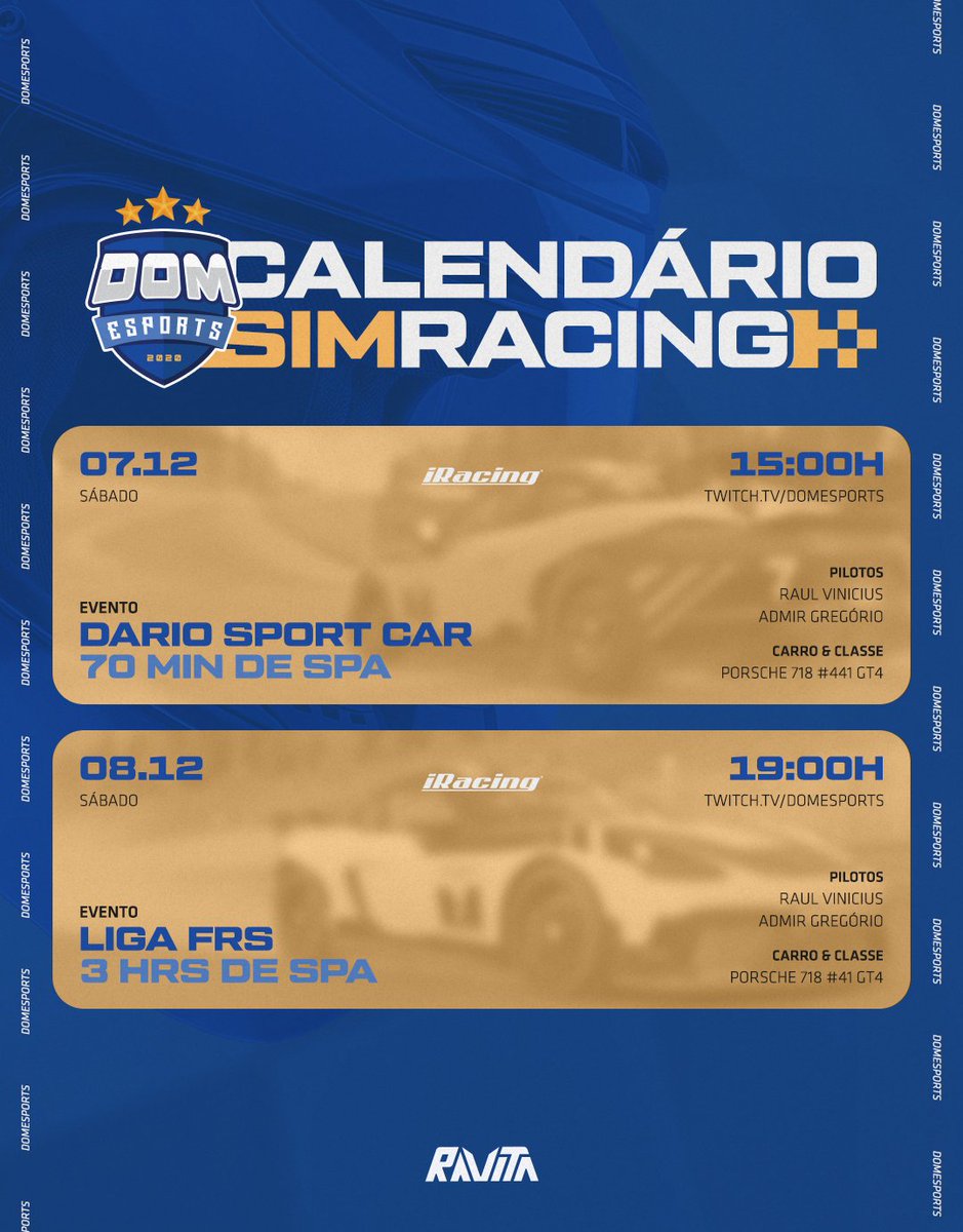 DOM eSports ✨ (@domesportsbr) on Twitter photo Nesse fim de semana nossos pilotos entram em pista para novos desafios!
Dessa vez o <a href="/_taitzz/">🇧🇷 RAV Raul Vinicius</a> e <a href="/AdmirGreg/">Admir Greg</a> enfrentaram duas etapa na pista Spa Francorchamps no IRacing.
Acompanhem tudo no nosso canal da Twitch
twitch.tv/domesports
#GODOM | #DOMSIM | #ENDURANCE Nesse fim de semana nossos pilotos entram em pista para novos desafios!
Dessa vez o <a href="/_taitzz/">🇧🇷 RAV Raul Vinicius</a> e <a href="/AdmirGreg/">Admir Greg</a> enfrentaram duas etapa na pista Spa Francorchamps no IRacing.
Acompanhem tudo no nosso canal da Twitch
twitch.tv/domesports
#GODOM | #DOMSIM | #ENDURANCE