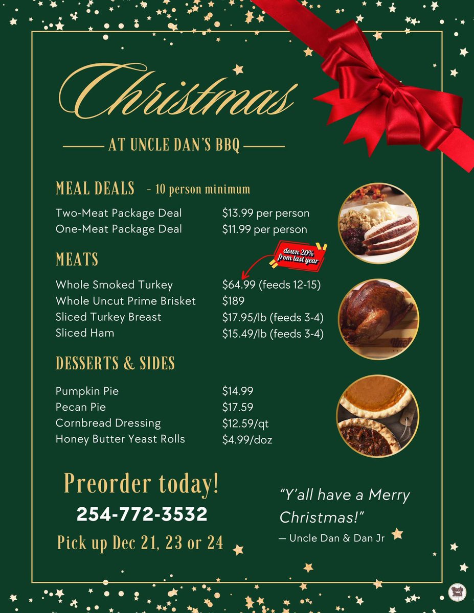 Christmas catering is live! 254-772-3532 to place your preorder