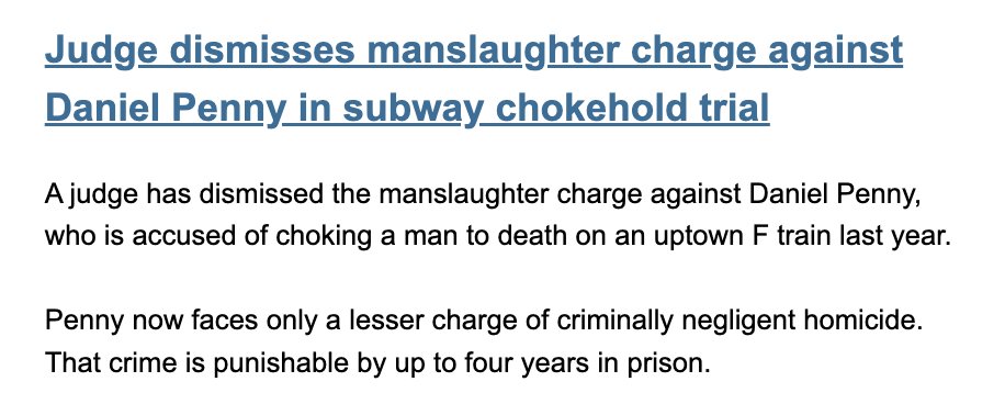 Daniel Penny choked a man to death for  "loudly complaining" about being hungry + thirsty.

A judge said that even a manslaughter charge was too much, yet again affirming what we already know - that the life of people who don't have a place to live in this country is disposable.