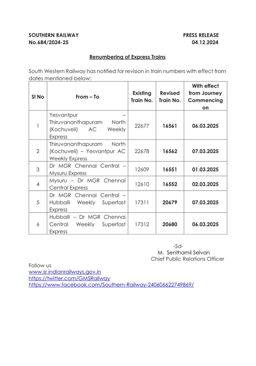 TrainUsers's tweet photo. South Western Railway has notified revision in train numbers with effect from dates mentioned below
Passengers are requested to kindly take note on this and plan your #travel
#Tamailnadu #trainusers https://t.co/o3AmBacp4U