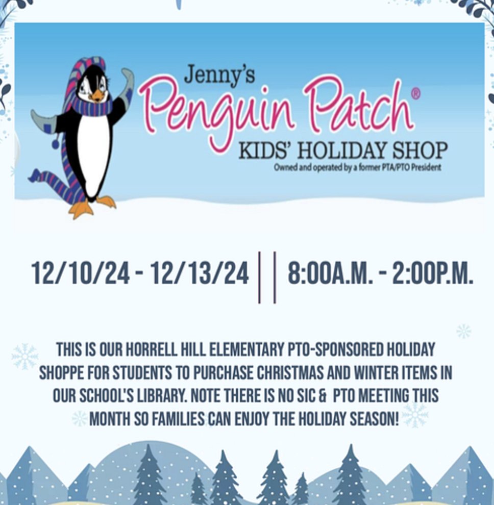The Penguin Patch Holiday Shoppe will begin on Tuesday, December 10th. Students will be able to purchase Christmas and/or winter gifts for whom they choose. Items range in price from 25 cents to $15, withmost items costing between $1 and $4. Sales end on Friday, December 13th.