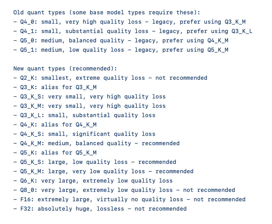 Learning about different quantization suffixes while `ollama pull llama3.3` download completes (fyi, quantization for the default 70b is q4_K_M)

• make-ggml .py: github.com/ggerganov/llam…
• pull request: github.com/ggerganov/llam…