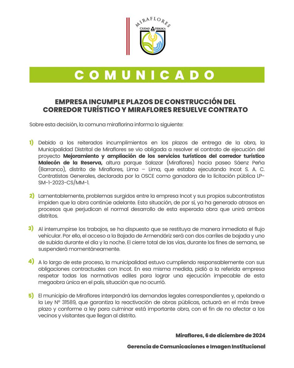 MuniMiraflores's tweet photo. #Atención
La Municipalidad de Miraflores comunica lo siguiente: https://t.co/S0aHofKLUS