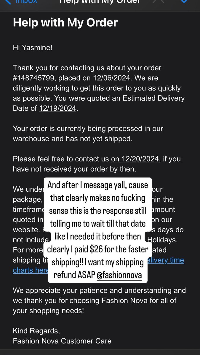 OnlyYasmine's tweet photo. @FashionNova @FashionNovaHelp give me my damn shipping refund back!! $26 paid for express shipping and yall saying my estimated delivery date is basically a day shy of 2 weeks from now?? Are you serious?? https://t.co/3aGtuqkJr6