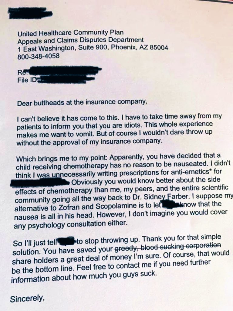 Kaylan_TX_'s tweet photo. @kenklippenstein “Unnecessary care” like this nausea medication a child with cancer receiving chemotherapy treatment needed that was denied https://t.co/8qKOjPmGeH