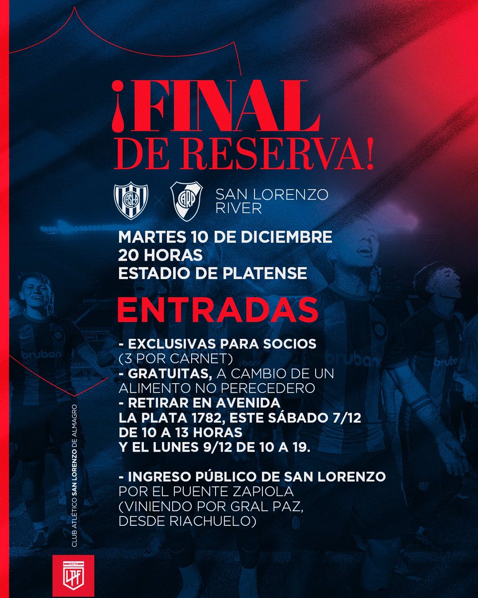 ¡Todo confirmado para la final de la Reserva!  ✅

#SanLorenzo irá en busca del título ante River el  martes a las 20 horas, en el estadio de Platense. 

🎟️ Las entradas serán exclusivas para socios y gratuitas, a cambio de un alimento no perecedero. 

Mañana (de 10 a 13 horas) y