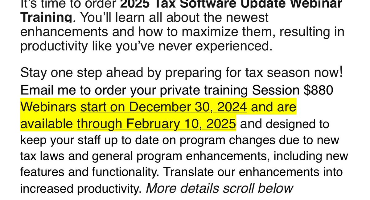 Got the email about Tax 24 coming this weekend. Included was an offer for training on it. Can the Tax Softwares move away from charging you to learn their software that they are already charging 5 figures for a year to use? No such thing for other programs I use. 

#taxtwitter