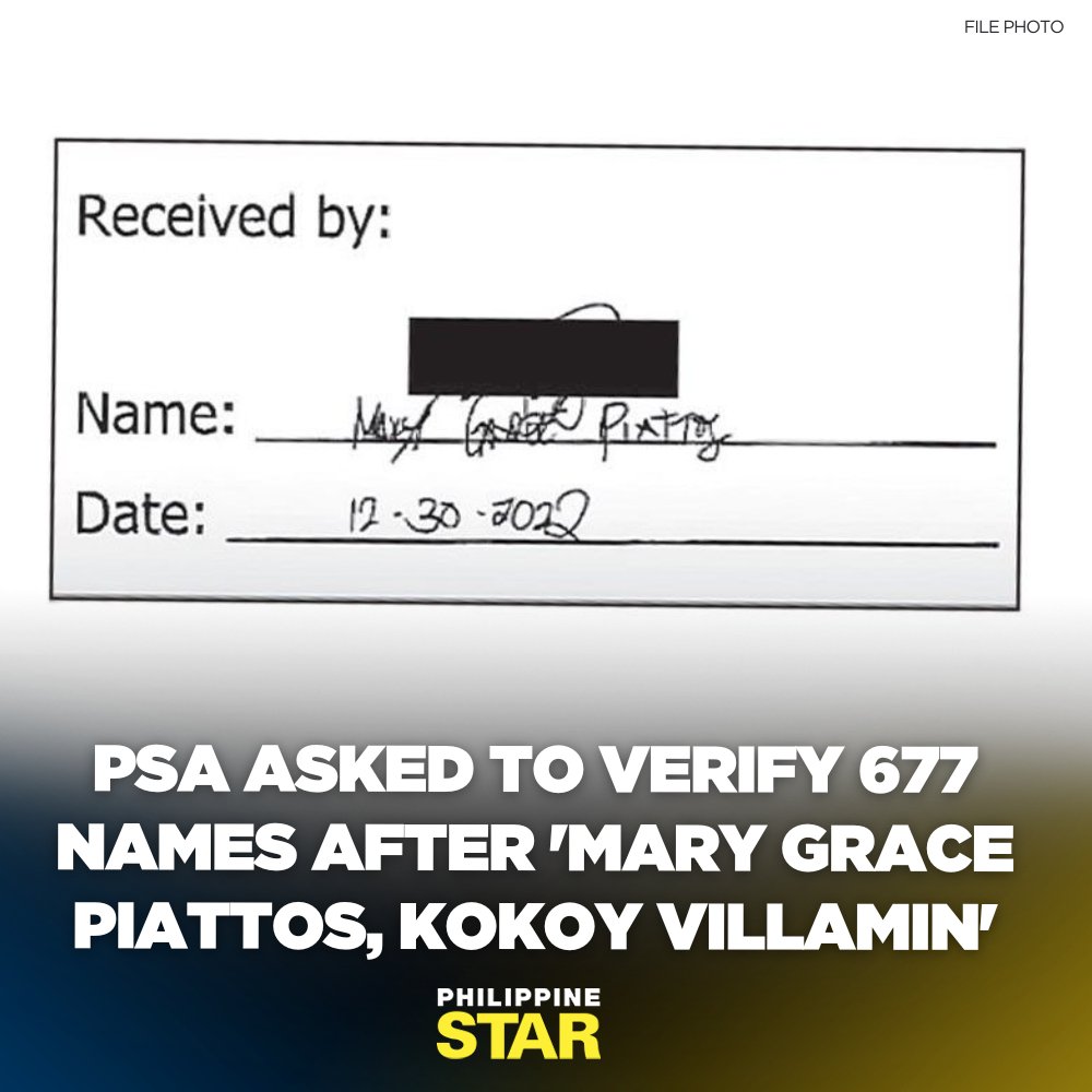 PhilippineStar's tweet photo. After confirming that “Mary Grace Piattos” and “Kokoy Villamin” are not in the Philippine Statistics Authority’s (PSA) database, House lawmakers asked the agency to verify 677 more names of alleged confidential fund recipients. https://t.co/m4gehYHEw3 https://t.co/GArvKE7t6d