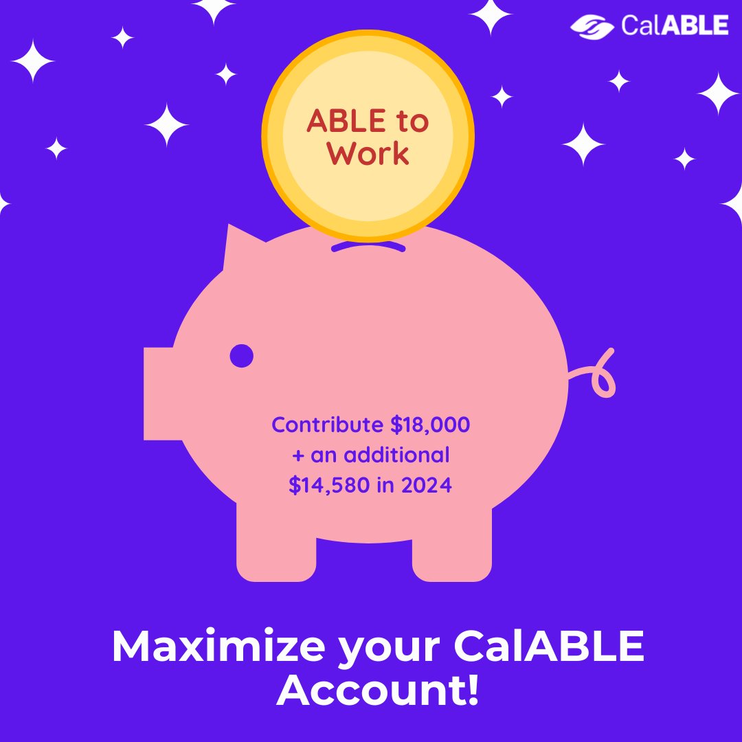 wearecalable's tweet photo. Did you know that if you work, you may be eligible to contribute additional money to your CalABLE account?

Through ABLE to Work, you can contribute an additional $14,580 to your CalABLE account from your income. 

https://t.co/qcLhfZcFoE

#CalABLE #Disability #ABLEtoWork https://t.co/xP3KANGYrW