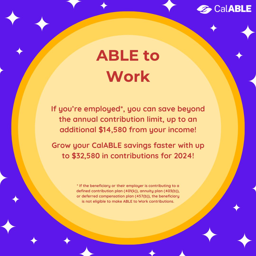 wearecalable's tweet photo. Did you know that if you work, you may be eligible to contribute additional money to your CalABLE account?

Through ABLE to Work, you can contribute an additional $14,580 to your CalABLE account from your income. 

https://t.co/qcLhfZcFoE

#CalABLE #Disability #ABLEtoWork https://t.co/xP3KANGYrW