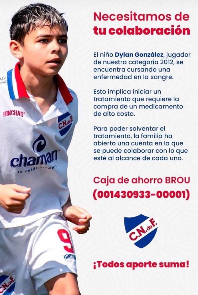 Futbol_APV's tweet photo. 🚨 PEDIDO DE COLABORACIÓN 

Dylan González, jugador de la categoría 2012 de @CNdeFinfantiles, cursa una enfermedad en la sangre la cual requiere la compra de un medicamento muy costoso.

🙏 Se agradece darle difusión para que este campeón reciba la ayuda necesaria y pueda hacer el tratamiento. 

Caja de ahorro BROU
(001430933-00001)

@AleBalbi21 @BolsoRushero @ElOtroValentin @GonzaloCorbo21 @PasionTricolor1 @arribabolsok @decanocom @Javier_Moreira1