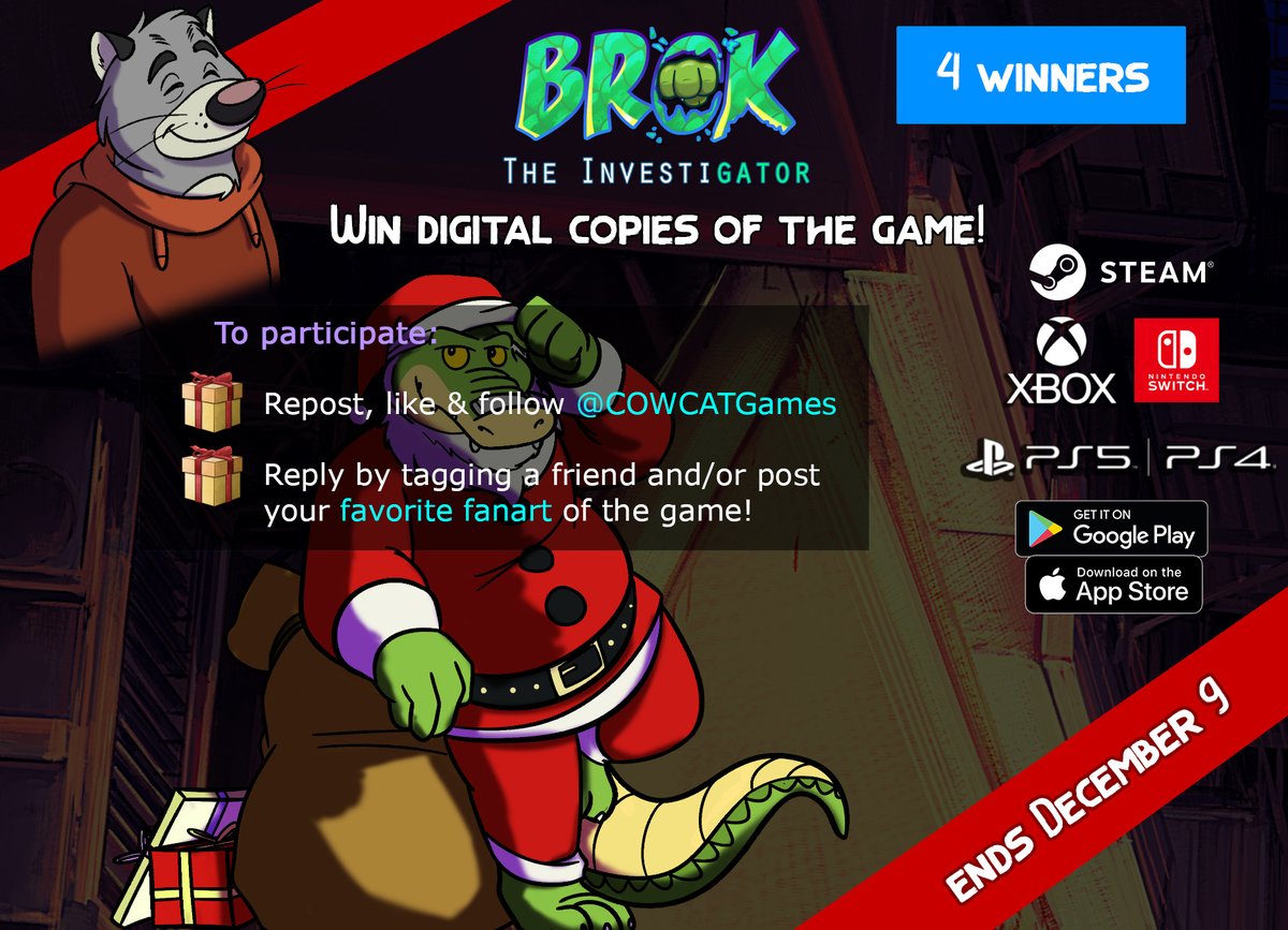 📣 GIVEAWAY 📣
We're approaching the time of gifting, I'm getting ahead!

Win BROK the InvestiGator on:
🐊 Steam, GOG 
🐊 Nintendo Switch™
🐊 PS4™, PS5™  
🐊 Xbox
🐊 Google PlayStore
🐊 Apple Store

Post your favorite fanarts in comment!

↘️ FULL INSTRUCTIONS ↘️