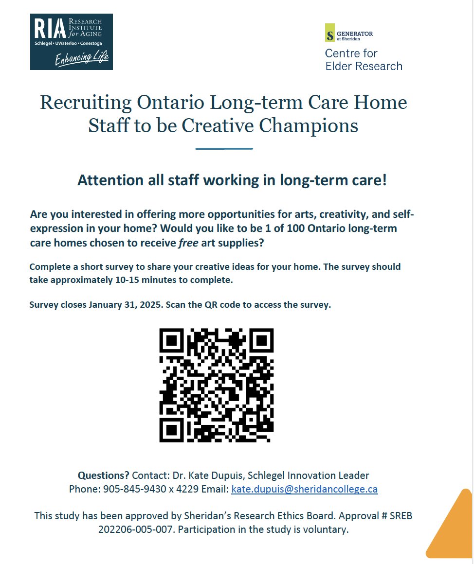 Arts and Aging Canada (@artsaging) on Twitter photo Calling all Ontario Long-term Care Staff and Leadership!
Looking for participants interested in fostering a community of creativity in LTC. 
Click on the link below or scan the QR code to access our new survey!
sheridan.qualtrics.com/jfe/form/SV_3m… Calling all Ontario Long-term Care Staff and Leadership!
Looking for participants interested in fostering a community of creativity in LTC. 
Click on the link below or scan the QR code to access our new survey!
sheridan.qualtrics.com/jfe/form/SV_3m…