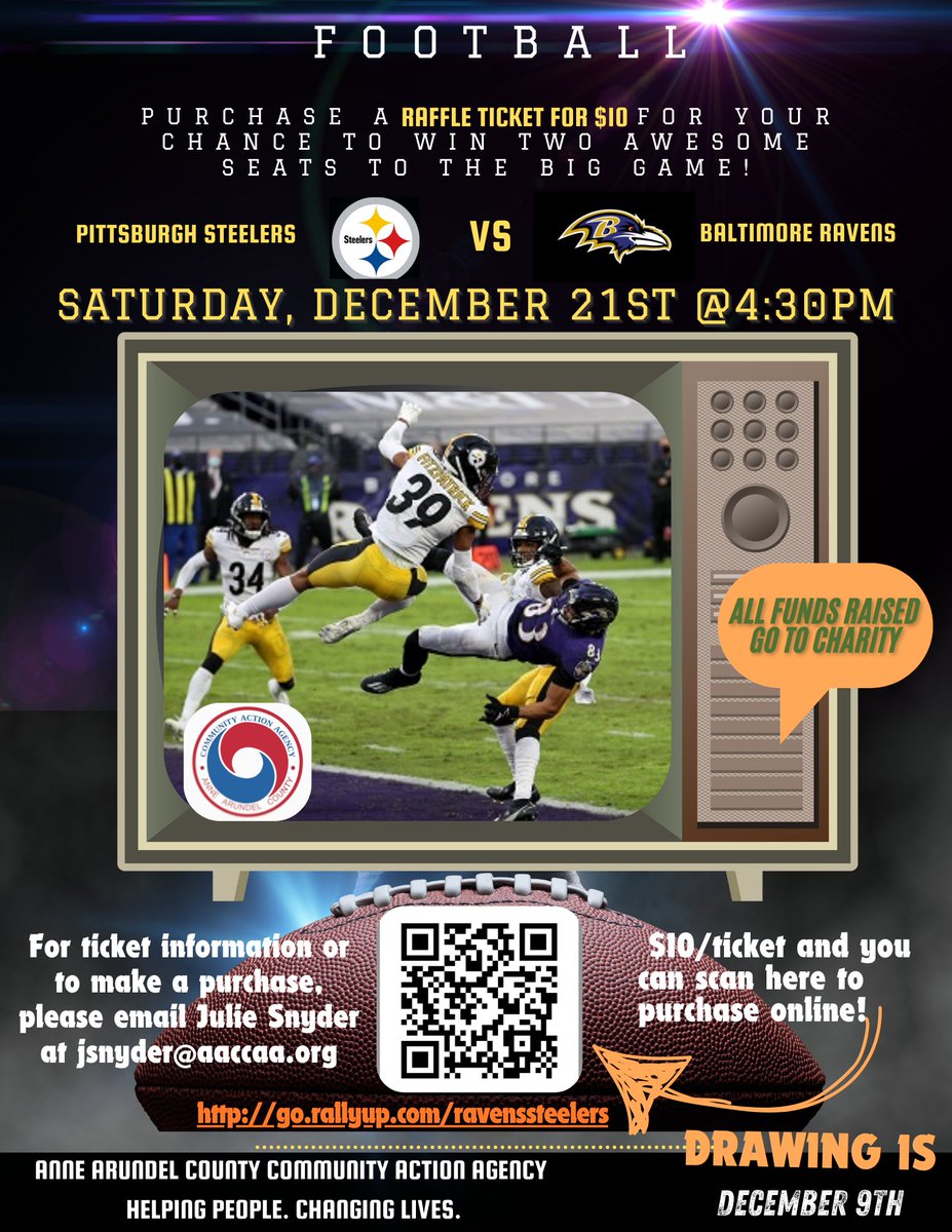 CAAAAC5's tweet photo. This is your last chance to win two premium seats to see the Steelers vs. Ravens on December 21, 2024! The lucky winner of this raffle will be selected this Sunday, December 9, at 4:30 PM. All proceeds will directly benefit those we serve in the community. https://t.co/MQxtiZfWhU