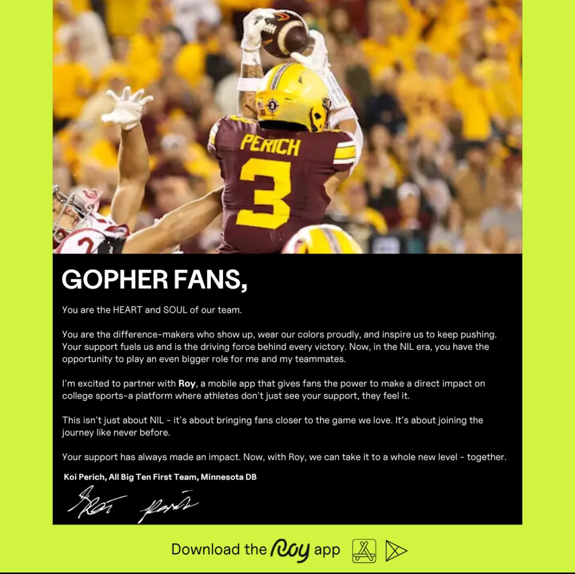 koiperich3's tweet image. Gopher Fans, I’m not going anywhere, and if you love this team as much as I do, here’s your chance to make an impact!
#Roypartner
Download the Roy app to directly support me and my teammates.
@roy_returnonyou
Click Here: apps.apple.com/us/app/roy-app…