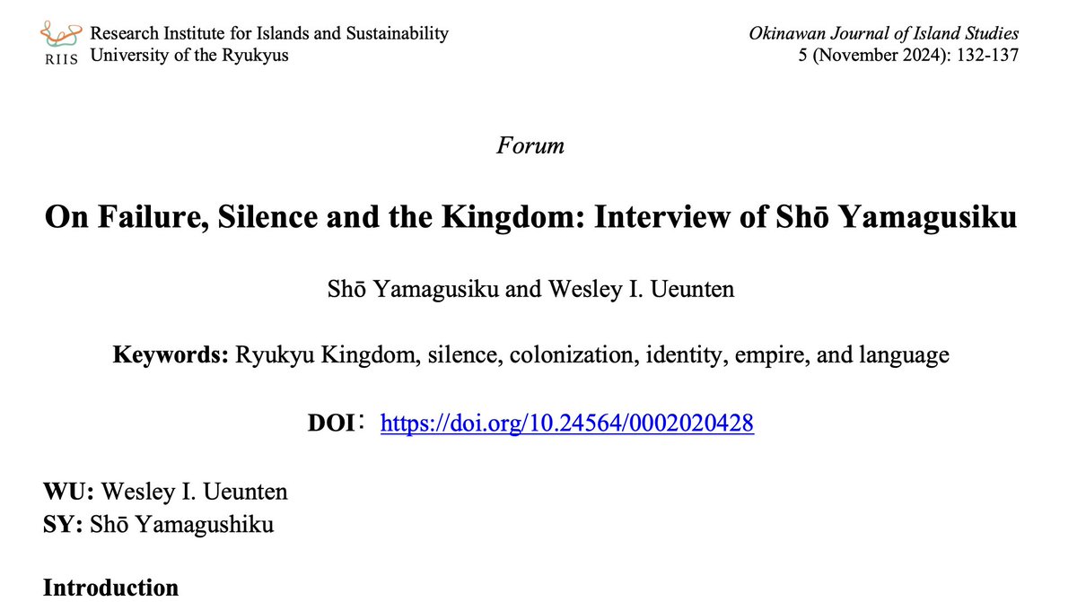 "This origin story is saturated with the idea that Okinawans are a peaceful people...I think this story often prevents us from naming, reckoning with, and healing from patriarchy, class warfare, and intimate violence that happens within our community."

 u-ryukyu.repo.nii.ac.jp/records/2020428
