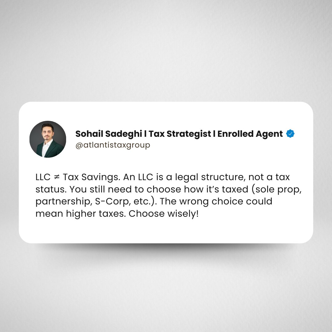 Atlantistax's tweet image. Forming an LLC doesn't guarantee tax savings! It's a structure, not a tax status. Choose wisely to avoid higher tax bills! Let's talk smart choices. 💡 #SmallBusinessTips #TaxStrategy #LLCTips #EntrepreneurLife #TaxPlanning #BusinessSuccess #TaxSmart