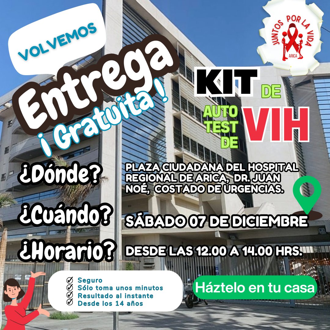 JuntosporlaVida's tweet photo. 🗣 Recordatorio: Sábado, 07/ Dic, volvemos a la Plaza Ciudadana del @HospitalArica , a partir de las 12.00 y hasta las 14.00 hrs.
Entregando kits de Auto Test de Vih ¡GRATUITOS!
Recuerda: Prevenir esta en tus manos ✋️
#Autotestvih #Autonomía #UsaCondón #PrevenciónCombinada https://t.co/McVOONClym
