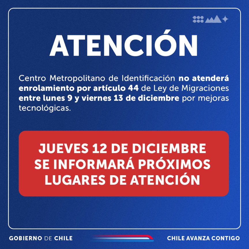 ⚠️Atención⚠️
El Centro Metropolitano de Identificación (CMI) ubicado en Mallplaza Alameda no atenderá solicitudes de enrolamiento por articulo 44 de la Ley de Migraciones. 
Las personas que tienen solicitud de RUN por este concepto no deben asistir al CMI.