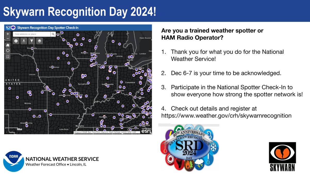 NWSLincolnIL's tweet photo. Are you a trained spotter/HAM Radio operator? Skywarn Recognition Day runs from 6 pm Dec 6 to 6 pm Dec 7!
View the map and check in here: https://t.co/Ajg5gwf9Il #skywarn24 https://t.co/So1UPGtiTJ
