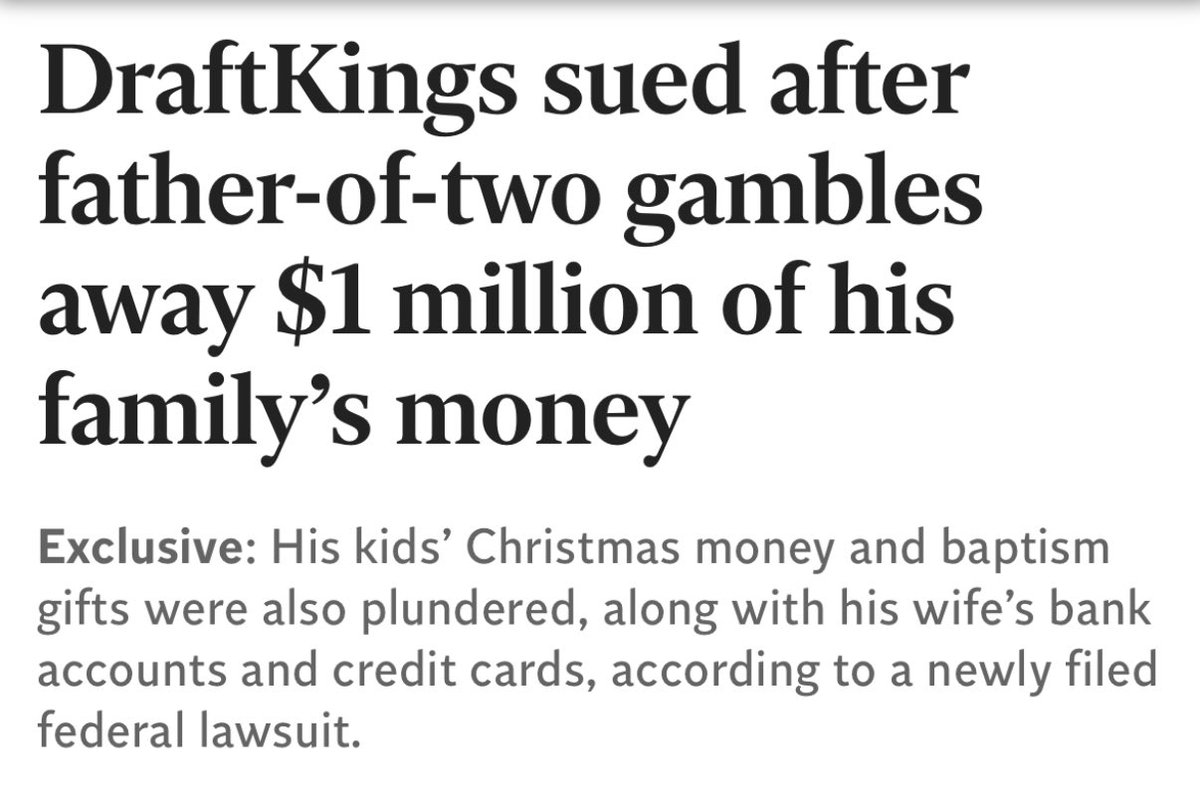 esaagar's tweet photo. This man did not place a single bet before 2020. By 2024 he gambled away 1 million dollars and left his family destitute

Along the way DraftKings assigned VIP hosts who spoke to him *daily* and facilitated his access to more gambling products while knowing his family status https://t.co/12fOWOIXmZ