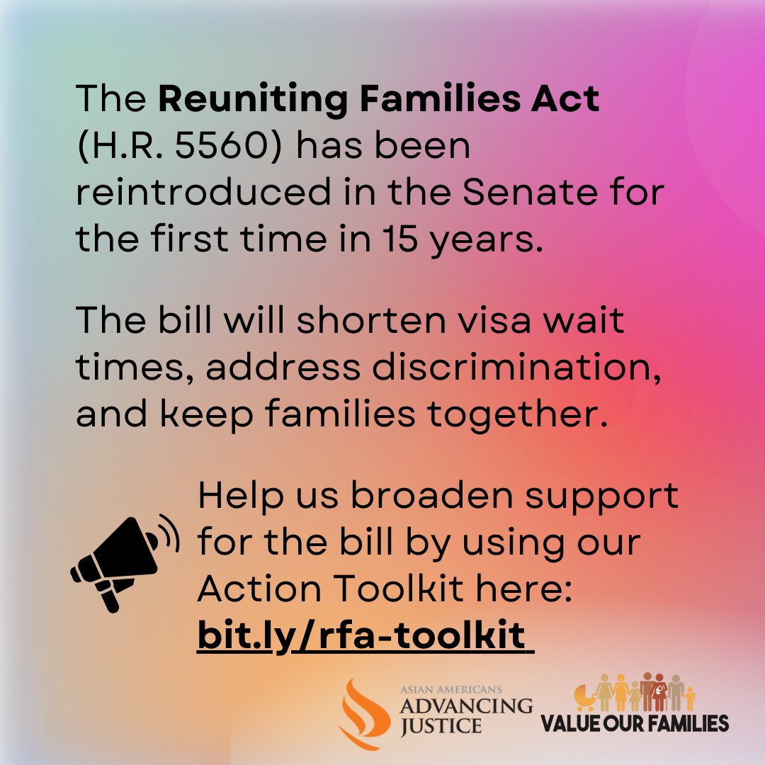 Thank you <a href="/maziehirono/">Senator Mazie Hirono</a> and <a href="/SenDuckworth/">Tammy Duckworth</a> for supporting family unity by reintroducing the Reuniting Families Act! This bill will provide families with more time together, peace of mind, and foster community growth. Help us broaden support for the bill: bit.ly/rfa-toolkit
