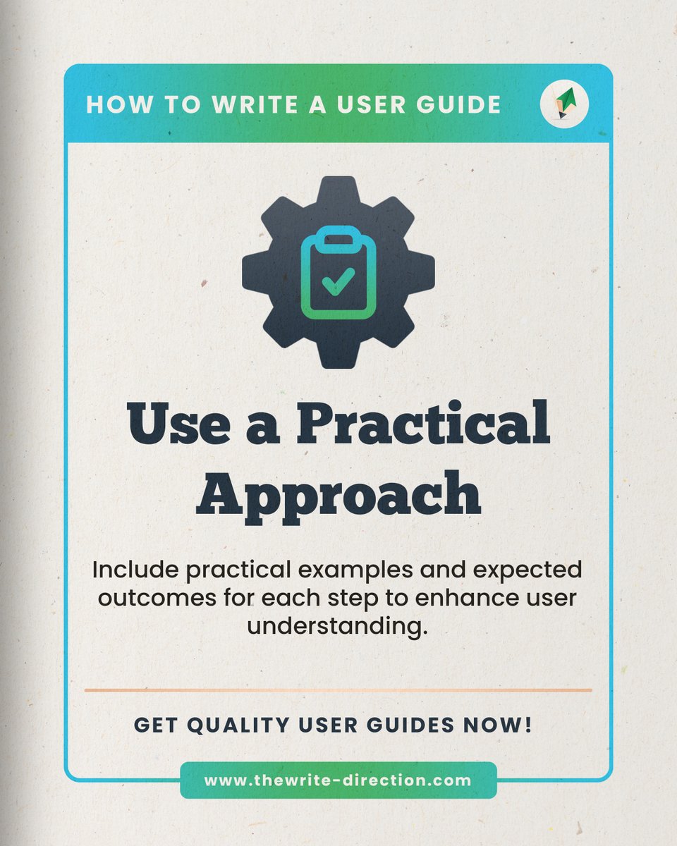WriteDirection7's tweet image. When writing instructions for your user guide 📒✍️, practical examples and clear outcomes for each step ensures better understanding and usability. 💡⚙️
📞 Book a Call :  calendly.com/info-twd/30min…

#TheWriteDirection #UserGuides #UserManuals #TechWriting #WritingTips