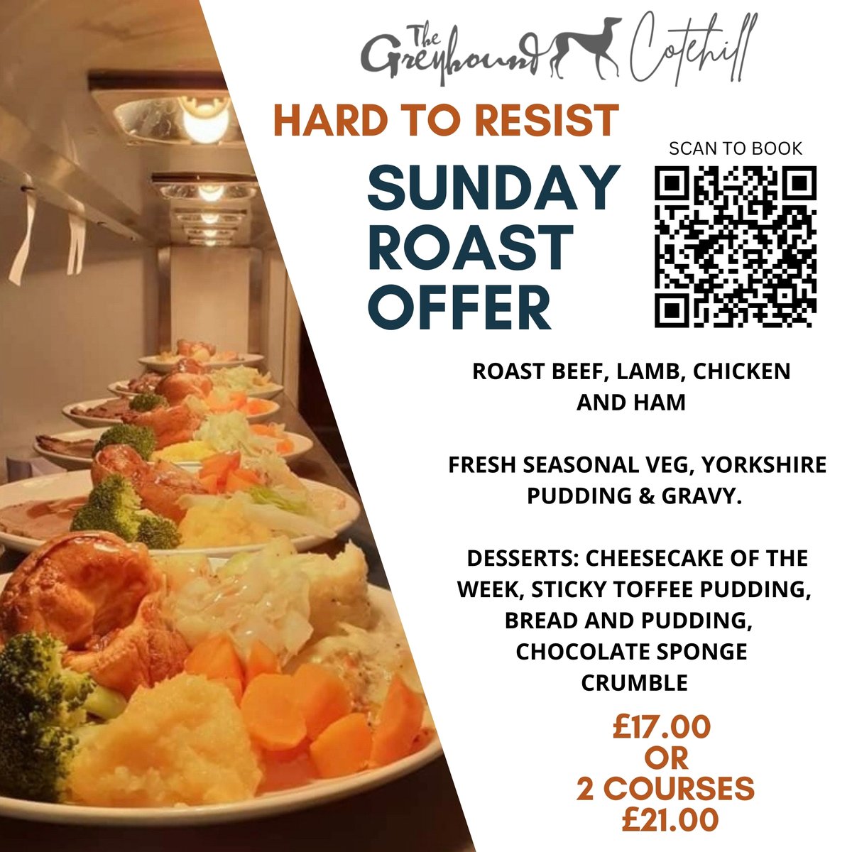 GreyhoundInnC's tweet photo. Still chance to book our hard to resist Sunday Lunches. They are served between 12:00-2:30 pm and 4:30pm-7:30pm. Scan the QR code or send us a message on Facebook or Instagram or call us at 01228 560858 or visit our website via this link https://t.co/T4WQ4hihyy #cumbria https://t.co/pEXAMdP911