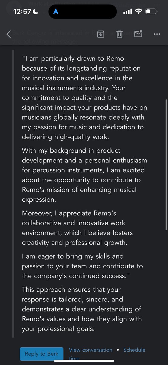 hxshim__'s tweet photo. Just had someone apply for an engineering role with a generated message about musical instruments - do people not proof read things anymore? 😂 https://t.co/sKWZd2QKjL