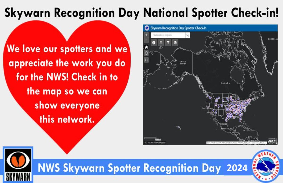 NWSLincolnIL's tweet photo. We love our spotters and we want to show off our dedicated volunteers to everyone! If you're a spotter/HAM Radio Operator, check in and be recognized for #Skywarn24 as a valuable part of the National Weather Service.
Link to map and check-in form: https://t.co/Ajg5gwf9Il https://t.co/QxMDEpXwhj
