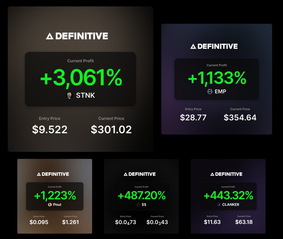 DefinitiveFi's tweet image. WINNERS TRADE ON DEFINITIVE

$STNK +3061% - @0xSiwan @STONKS_SOL
$EMP +1133% - @kevin81723394 @SimulacrumIO
$PNUT +1223% - @main_cryp5610 @pnutsolana
$$$ +487% - @FiatAgain @SHL0MS @wow
$CLANKER +443% - @mooonzart @_proxystudio

Honorable mentions
$OFAC +422% @LincolnCannon…