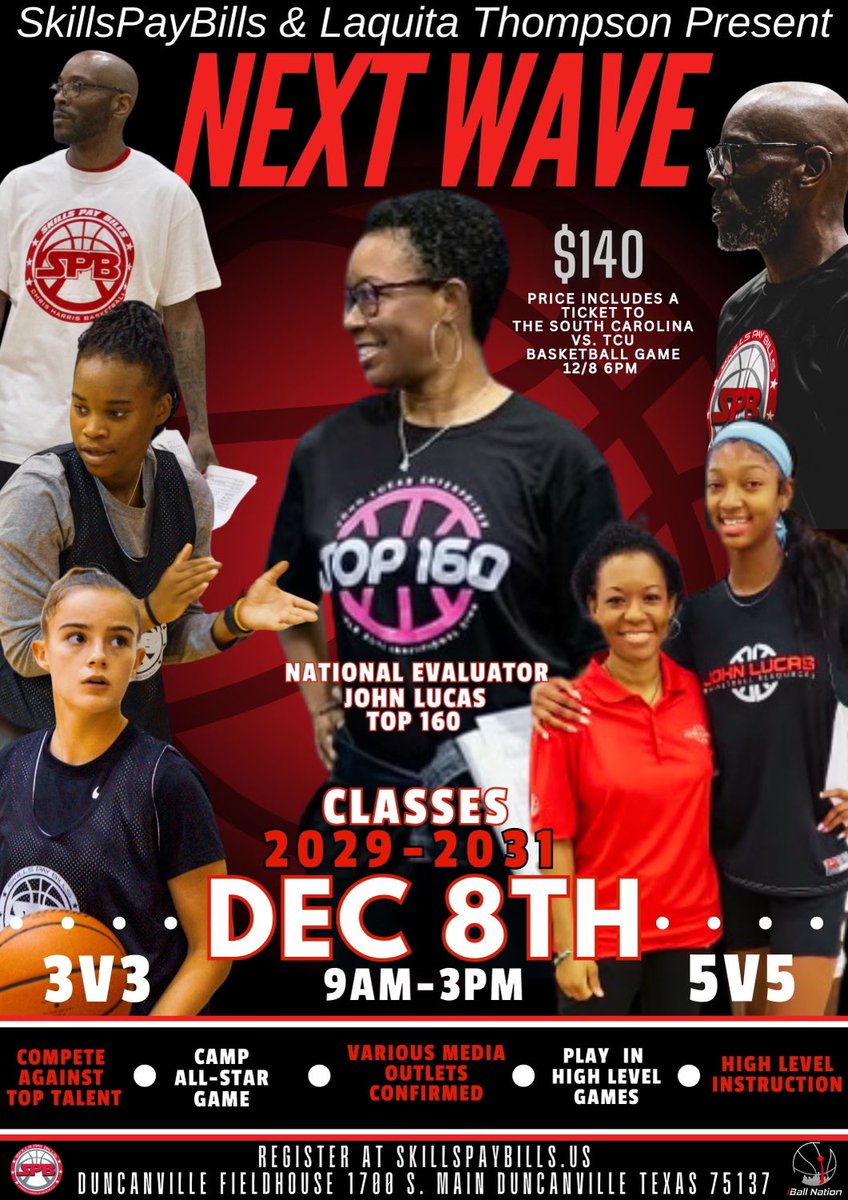 ChrisHarrisBB's tweet photo. Trinity Boyd (2030) is Confirmed for The NEXT WAVE! Where The Best Of The Best Compete!#ItKeepsGettingBetter
๐
December 8th
โฑ 9am-3pm
๐Duncanville Fieldhouse
๐๏ธ S. Carolina vs TCU 6pm
๐ฅ REGISTER NOW @
https://t.co/fjeMdgGf9x
#SkillsPayBills #NEXTWAVE https://t.co/fodPZxGD2i