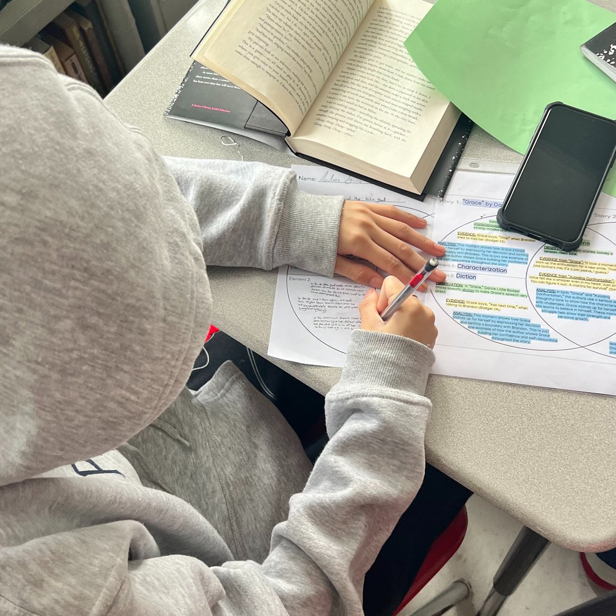 LockwoodEnglish's tweet photo. English 9 students practice identifying new literary elements in their choice books. Here they comparing and contrasting how different author's styles develop their own unique stories! #AtomNation https://t.co/Z9ij6BcWvZ