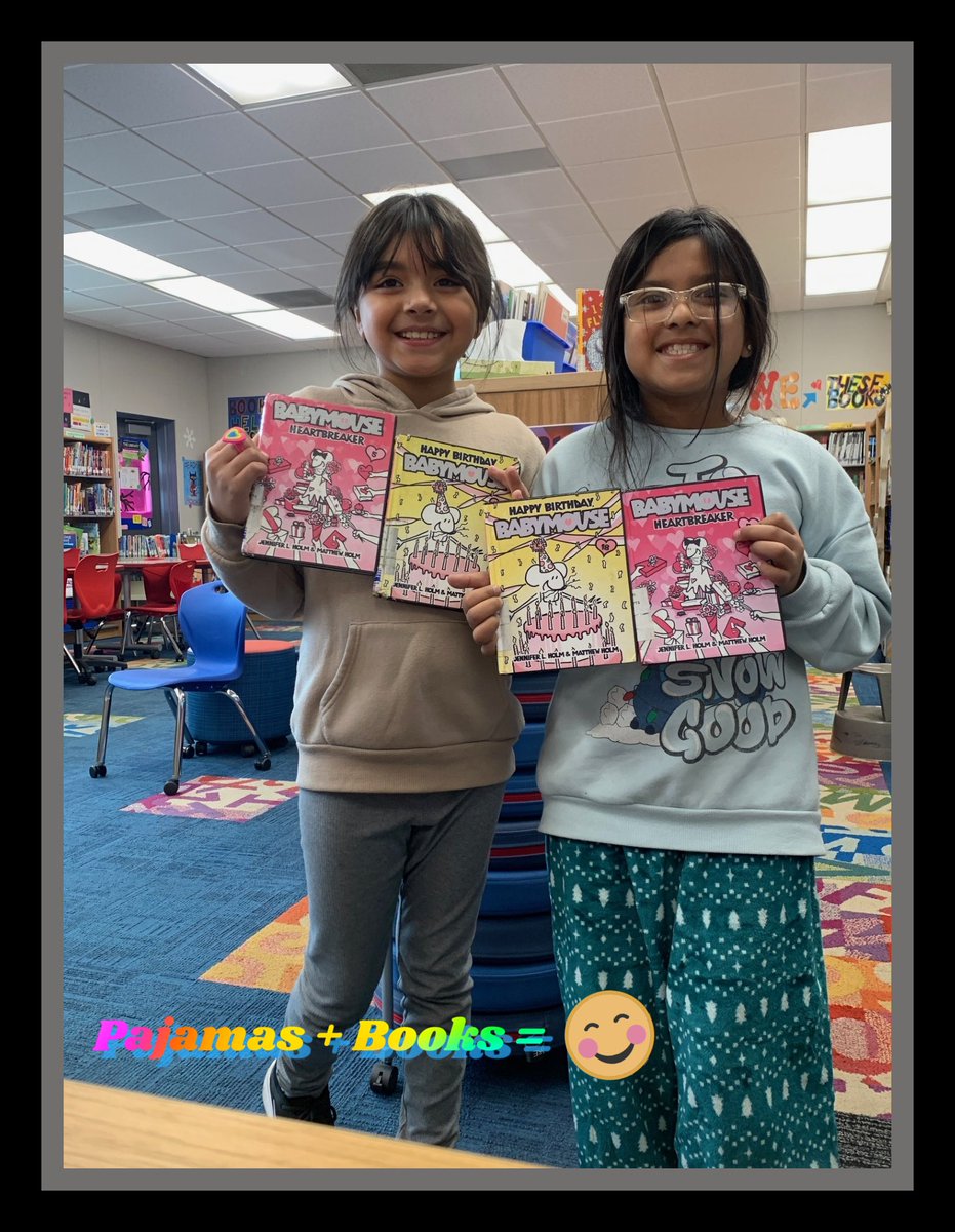 This view - of matching book choices btwn besties- never gets old, as it is. Toss pajamas into the mix and we hit the ultimate level of cozy!

#PajamaDay
#besties
#library 
#wearejefferson
#teambcsd
#bcsdreads