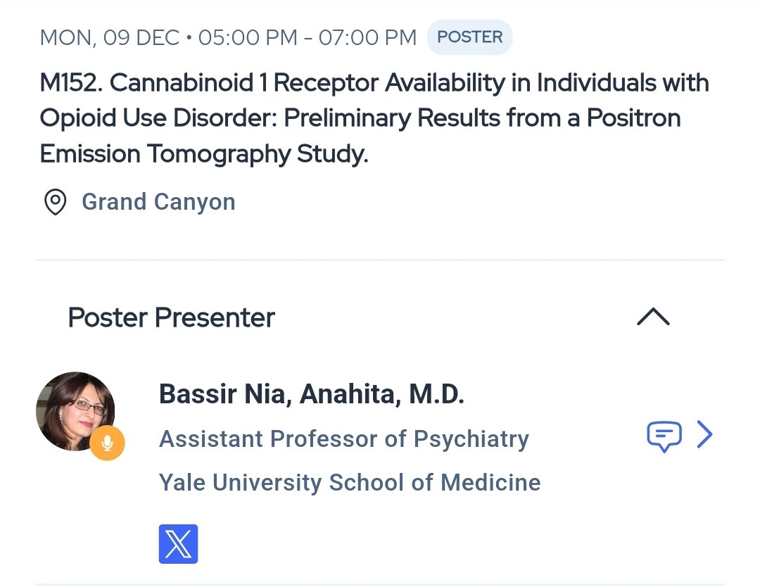 Anahita Bassir Nia (@anahitabassir) on Twitter photo I will present the results of my NIDA funded study on CB1R availability in opioid use disorder <a href="/ACNPorg/">ACNP</a>.
#ACNP2024
<a href="/YalePsych/">Yale Psychiatry</a>
<a href="/YaleABNLab/">YaleABNLab</a> I will present the results of my NIDA funded study on CB1R availability in opioid use disorder <a href="/ACNPorg/">ACNP</a>.
#ACNP2024
<a href="/YalePsych/">Yale Psychiatry</a>
<a href="/YaleABNLab/">YaleABNLab</a>