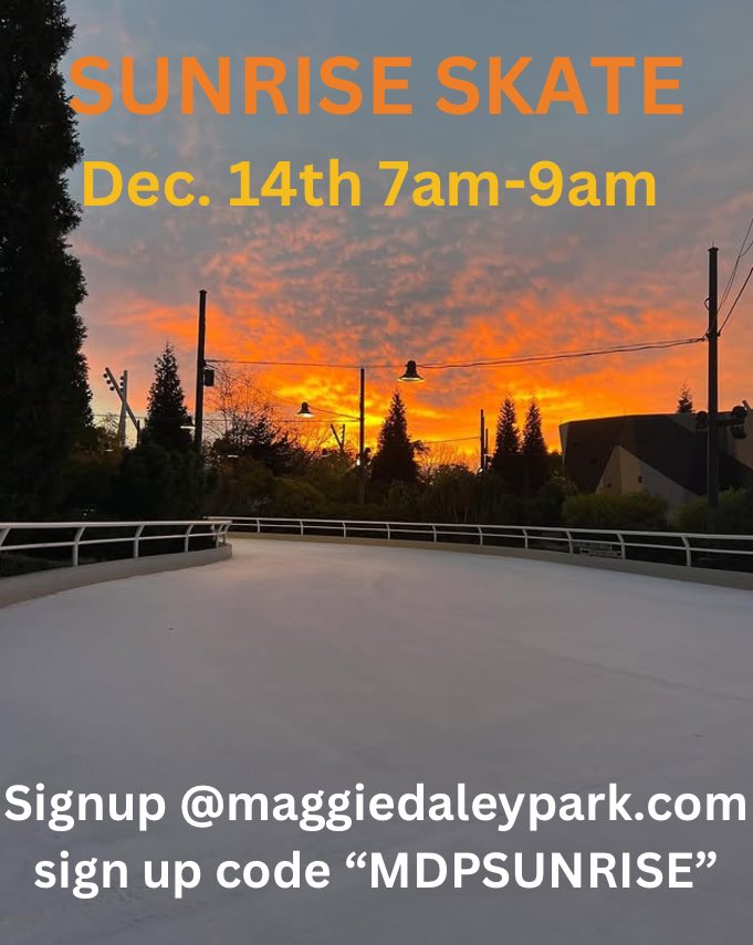 🌅 Experience a One-of-a-Kind Sunrise Skate! 🌟
Join us on Saturday, Dec. 14, for an exclusive chance to skate under the glow of the morning sky during Maggie Daley Park’s first-ever and only Sunrise Skate session!
⛸️ Time: 7:00 AM – 9:00 AM
💥 Cost: FREE (Use code: MDPSUNRISE)